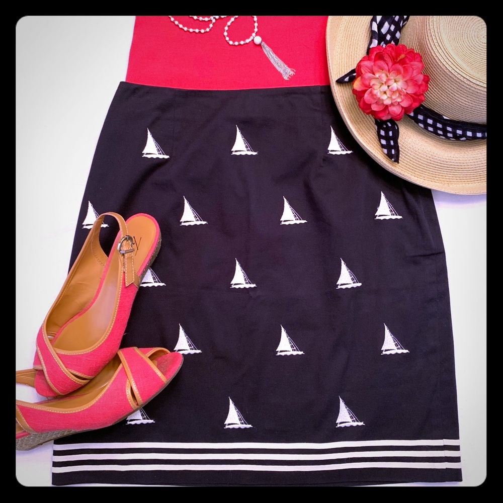 Nautical Summer Talbots navy and white embroidered sailboats skirt